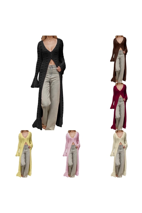 Cardigan Sweaters for Women Trendy Lightweight Crochet Long Duster Button Up Bell Long Sleeve Ruffle Knit Loose Maxi Cardigans Sweaters