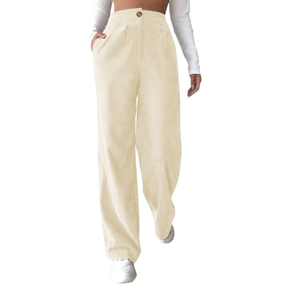 ibiyuan Corduroy Pants Women Casual High Waisted Baggy Wide Leg Elastic Waist Loose Trousers with Pockets,Beige