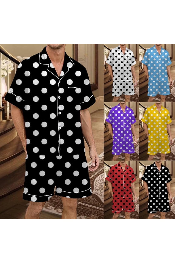 Couple Matching Pajamas Sets Polka Dot Silk Short Sleeve Button Down Pjs Sleepwear 2 Piece Lounge Set