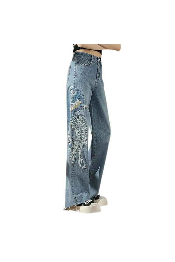 Denim Jeans Baggy High Waist Embroidered Wide Leg Jeans For Women Flattering Hem Straight Leg Denim Pants Trendy Plus Size Available,Blue