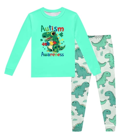 ibiyuan Dinosaur Clothes for Boys,Children's Dinosaur Printed Crew Neck Long Sleeve Top Long Pants Pajama Set Home Clothes (2 9 Years) 6T