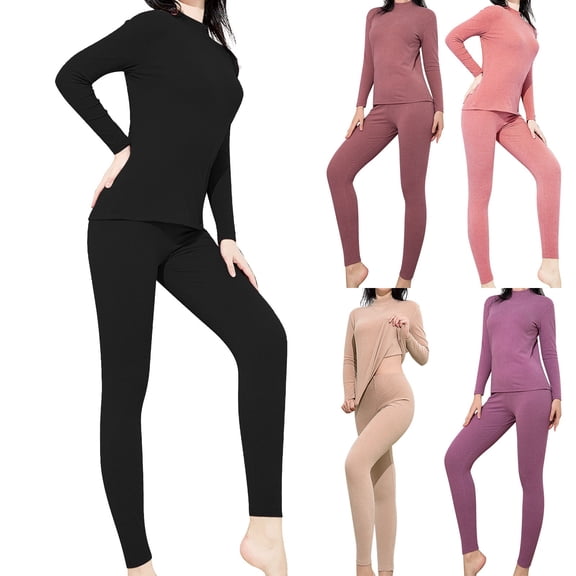 ibiyuan Lined Womens Tights Women's Mid Collar Long Sleeve Double Sided Brushed Warm Solid Color Slim Bottom Outer Wear Long Sleeve Thermal Underwear Set,A