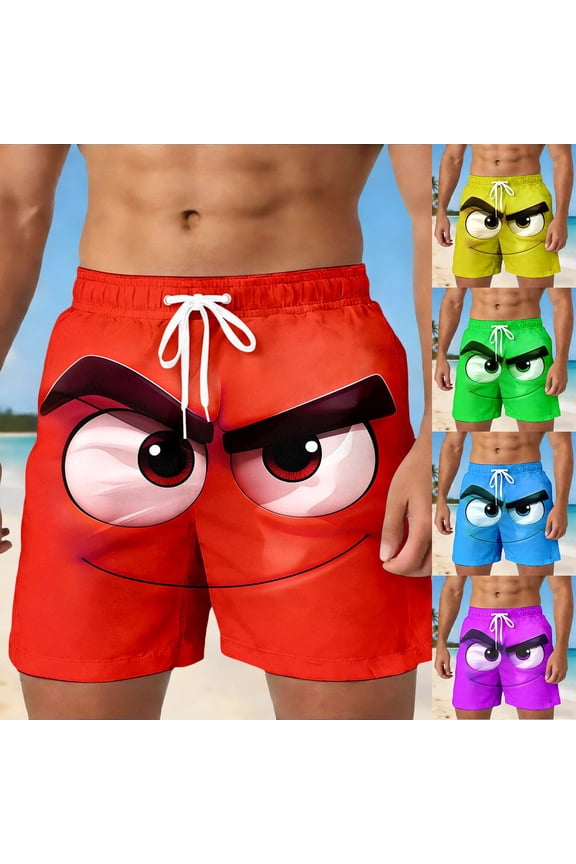 Funny Cartoon Face Print Mens Funny Swim Trunks Drawstring Waist Bathing Suit Funny Elastic Waist Surf Swimwear Beach Board Shorts