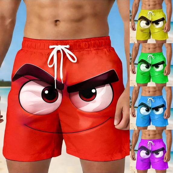 ibiyuan Funny Cartoon Face Print Mens Swim Trunks Drawstring Waist Mens Bathing Suits Funny Elastic Waist Built-In Swim Underwear Running Board Shorts