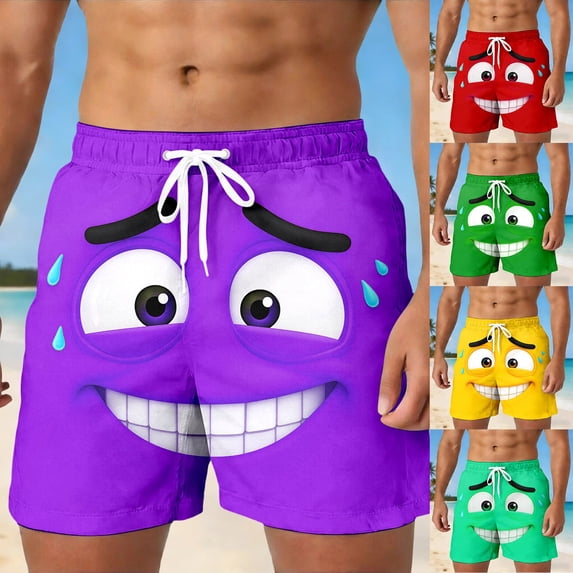 ibiyuan Funny Expression Graphic Men Swim Trunks 5 Inch Drawstring Waist Mens Bathing Suit Funny Elastic Waist Surf Swimwear Beach Shorts