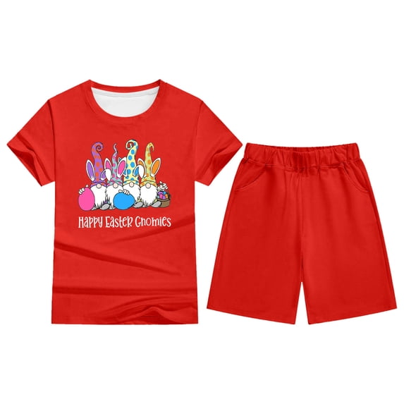 ibiyuan Girl'S 2 Piece Cute Summer Outfits Easter Holiday Printed Short Sleeve T-Shirt and Shorts Pajama Set for Kids Boys and Girls,11-12 Years,Red