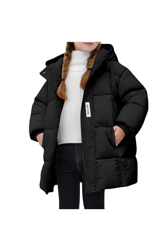 Girls Down Winter Coat Long, Windproof Hooded Jacket, Casual Outdoor Wear for Children,Black,110