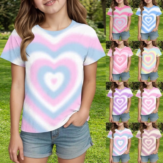ibiyuan Girls Gradient T-Shirt, Heart Print Short Sleeve Summer Tops, Round Neck Casual Basic Tees for Kids Teenager Girls