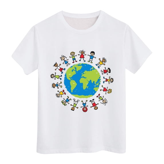 ibiyuan Girls Graphic Tees Size 10-12,Kids Summer Comfortable Breathable Short Sleeve Tops Children Earth Cartoon Printed Children's Day Clothing