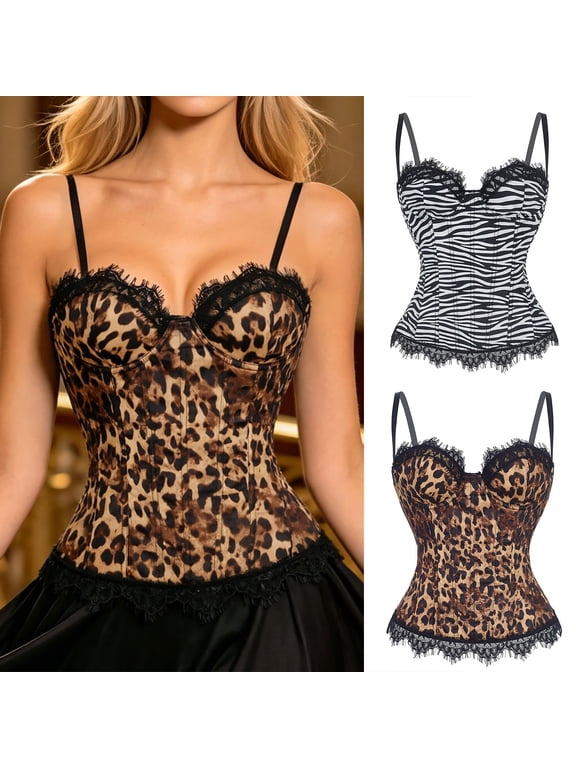 Girls Leopard Lace Corset Bodysuit, Adjustable Straps Gothic Halloween Top, Shapewear Bustier Bodysuit