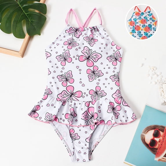 ibiyuan Girls One Piece Swimsuit Spaghetti Strap Ruffle Ruched Baby Girl Bathing Suit Quick Dry Cut Out Girls Swimsuit Tropical Printed Mesh Summer Swimwear