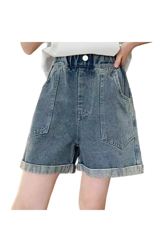 Girls Patch Pocket Short Kids Teen Stretchy Ripped Distressed Denim Shorts with Pockets Elastic Waistband Straight Leg Embroidered Summer Y2k Shorts Girls
