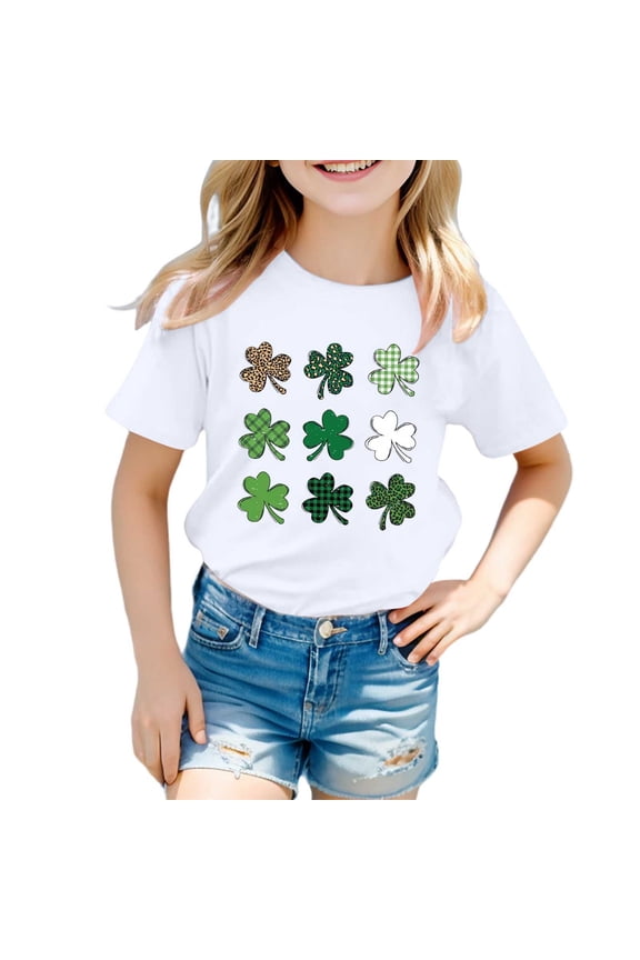 Girls Shirt Teenage Girl Clothes Saint Pattys Day Shamrock Four Leaf Clover Casual Short Sleeve Green Crew Irish Saint Tee Toddler Clothes,4-5 Years