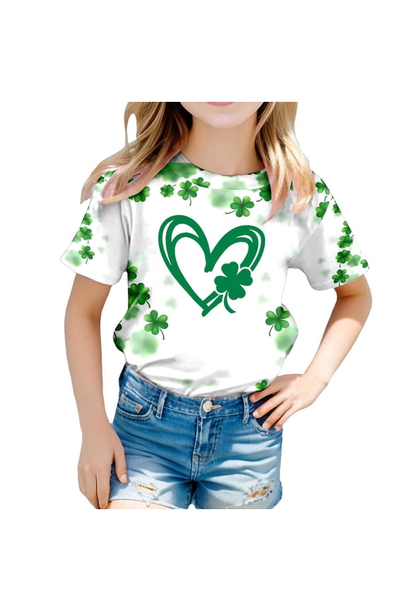 Girls Shirts Size 10 Girls Size 8 Shirts Saint Patricks Day Love Heart Graphic Casual Short Sleeve Green Round Neck Irish Tees Paddy's Day Graphic Tees Tops,10-11 Years