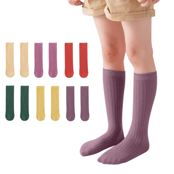 ibiyuan Girls Solid Knee High Socks Pastel Purple Ribbed Elastic Knit Soft Stretch Calf Socks for School Uniform, Campus Events, Weekend Outings, Recital Daily Wear