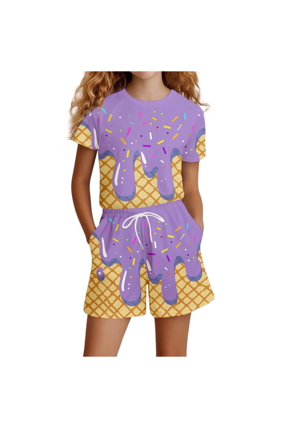 Girls Summer Clothes Sets Fashion Kids Daily Wear Outfit Set Soft Breathable Comfortable Short Sleeve Casual Clothes For Girls And Boys Age 3 To 13 Years,4-5 Years,Purple