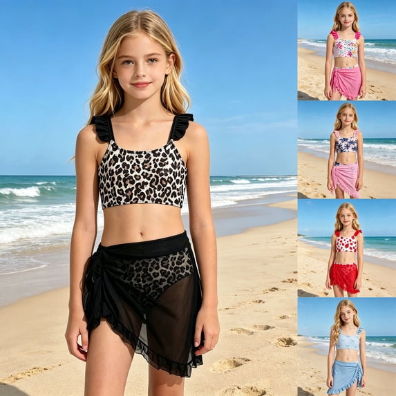ibiyuan Girls Swimsuit 2 Piece Tie-Straps Bathing Suit for Girls Lightweight Tropical Printed Tankini with Shorts Cute Ruffle Cutout Bikini Bottoms Swimwear with Cover Up Pants