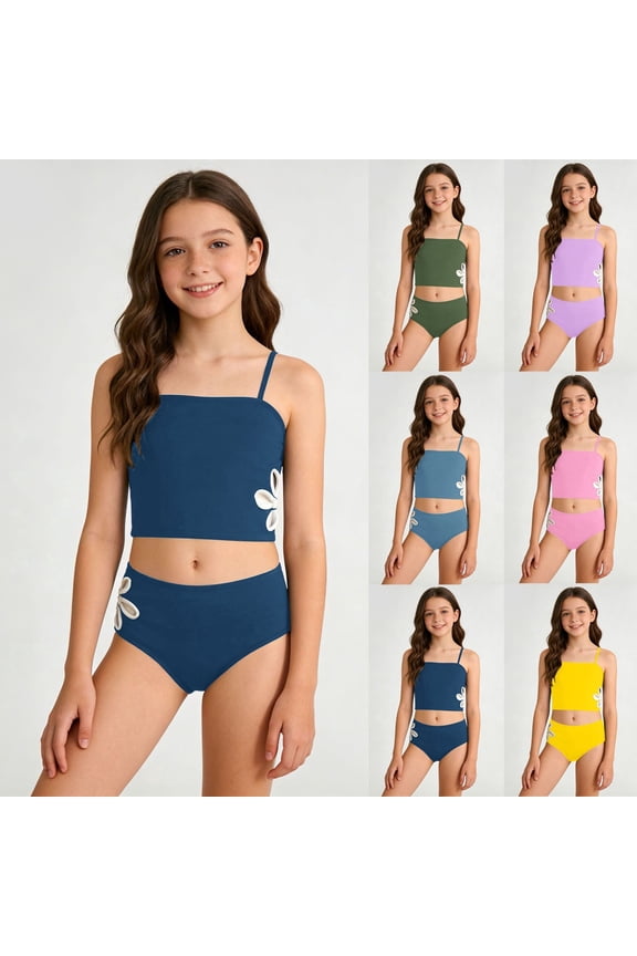 Girls Swimsuit 2 Piece Tie-Straps Bathing Suit Stretchy Hawaiian Tankini Set Cute Ruffle Ribbed Girls Bikini Swimwear for Girls