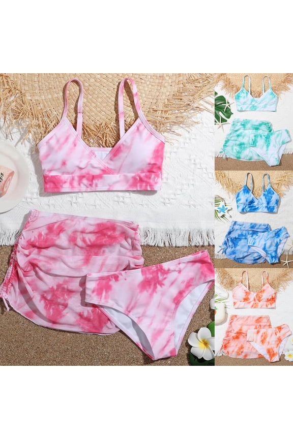 Girls Swimsuit 3-Piece Bathing Suit Spaghetti Strap Tropical Print Bikini Sets for Teen Girls Lightweight Ruched Tankini with Shorts Padded Swimwear with Cover Up Skirt