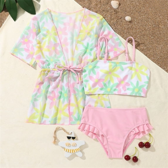 ibiyuan Girls Swimsuit 3 Piece Bathing Suits for Girls Spaghetti Strap Color Block Girls Bikini Sparkly Modest Ruched Tankini Set Swimwear with Cover Up Skirt