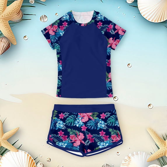 ibiyuan Girls Swimsuit Cover Up 2 Piece Bottoms Girls Bathing Suit Quick-Dry Color Block Tankini Modest Ruched Cutout Princess Bikini Set Girls' Swimwear