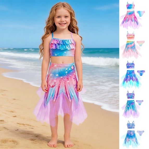 ibiyuan Girls Swimsuit Cover Up 3-Piece Baby Girl Bathing Suit with Chest Pad Tropical Print Bikini Set Sparkly Ruched Side Girls Swimwear Tankini Swimwear Set Teens Girl