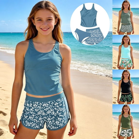 ibiyuan Girls Swimsuits Kids 3pcs Girls Bathing Suits Drawstring Bottoms Tropical Printed Girls' Bikini Sets Soft Ribbed Tankini Swimwear with Cover Up Skirt