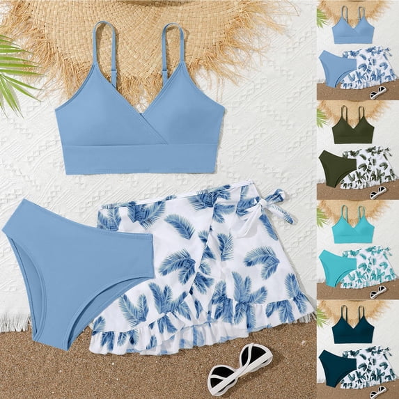 ibiyuan Girls Tankini Swimsuits 3pcs Bathing Suit Adjustable Straps Allover Printed Girls' Bikini Sets Stretch Rash Guard Tankini Girls Swimwear with Cover Up Skirt