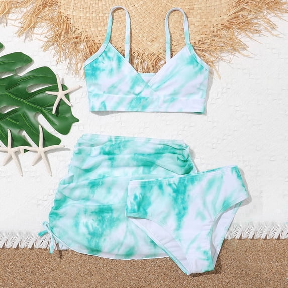 ibiyuan Girls Tankini Swimsuits with Shorts 3 Piece Ruffle Bathing Suit Adjustable Wide Straps Tropical Printed Bikinis for Soft Ruched Side Tankini Swimwear Shorts and Skirt