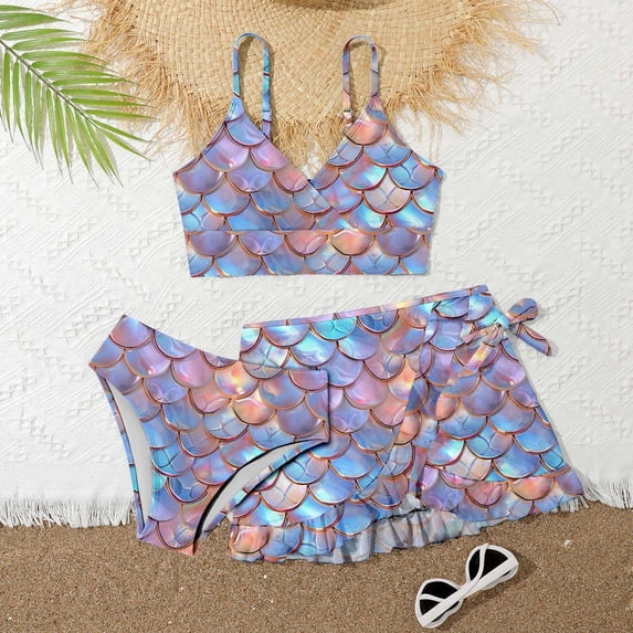 ibiyuan Girls Tankini Swimsuits with Shorts 3 Pieces Bathing Suits for Girls Adjustable Straps Contrast Trim Girls' Bikini Sets Lightweight Ribbed Tankini Girls Swimwear with Cover Up Skirt