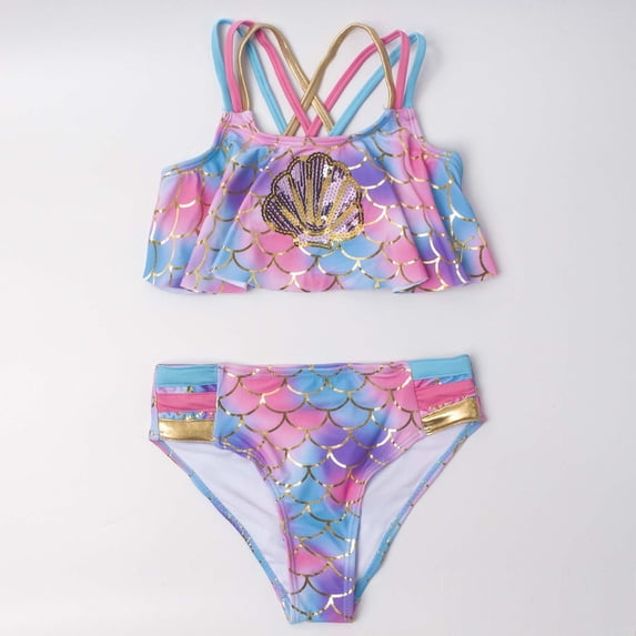 ibiyuan Girls Tankini Swimsuits Two Pieces Spaghetti Strap Bathing Suits for Girls Lightweight Colorful Contrast Tankini Ruffle Ruched Cut Out Princess Bikini Set Mesh Summer Swimwear