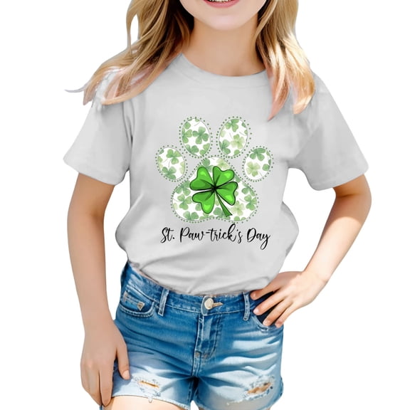 ibiyuan Girls Tshirts Girls Shirts Size 6 Saint Pattys Day Graphic Shamrock Casual Short Sleeve Green Round Neck Irish Saint Tee Toddler Girl Clothes,6-7 Years