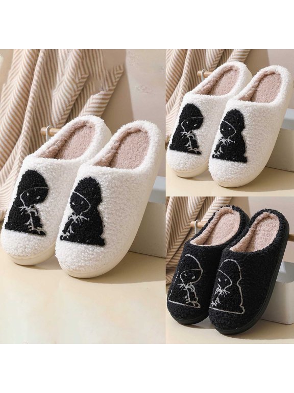 Halloween Arch Support Slippers Women Pumpkin Ghost Anti- Sole Flat Slides Shoes Memory Foam Warm Cozy Plush Lined Halloweens Gifts for Men