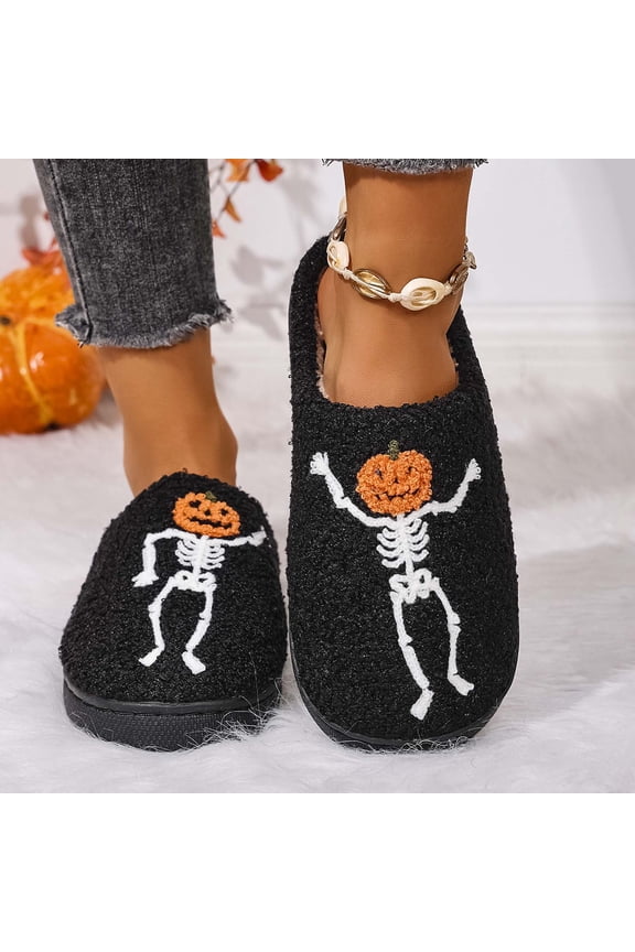 Halloween Cute Slippers for Men Women Pumpkin Embroidered Anti-Skid Gothic Shoes with Memory Foam Elastic Comfy Retro Lined Indoor House Shoes