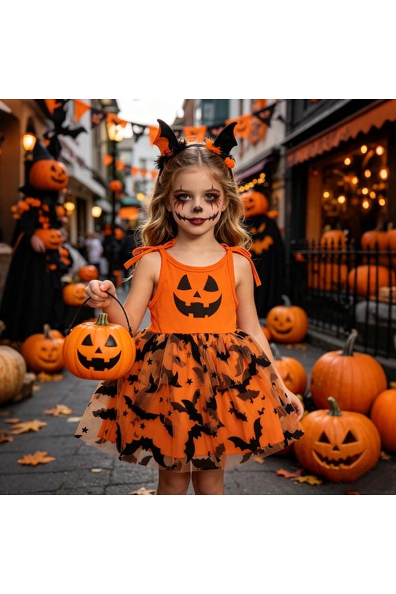 Halloween Dresses Toddler Flying Sleeve Fall Outfit Toddler Girl Cute Pumpkin Y2k Clothes Contrast Lace Tutu Halloween Girl Birthday Gifts