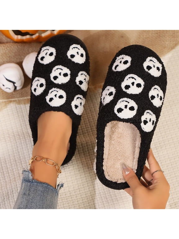Halloween Funny Slippers for Women Pumpkin Ghost Non- Flat Slides Shoes with Memory Foam Soft Plush Cozy Lined House Slippers