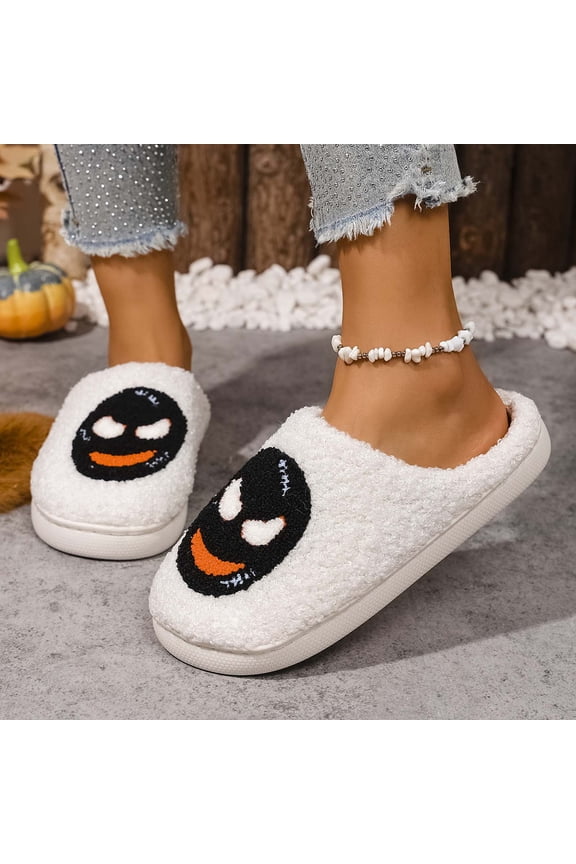 Halloween House Slippers for Men Women Soft Plush Spooky Halloween Pumpkin Spooky Shoes Closed Toe Memory Foam Non- Sole Warm Lining Indoor Bedroom House Shoes Halloweens Couples Gifts