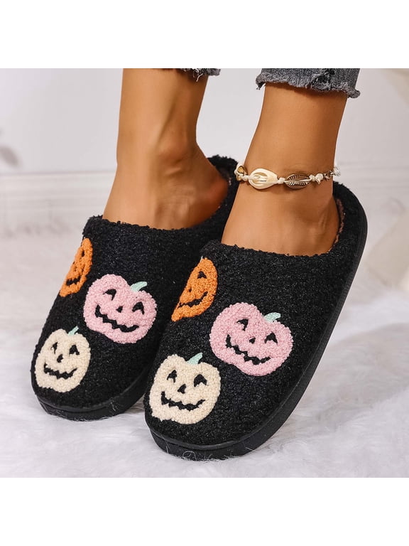 Halloween House Slippers for Women Cute Cartoon Non- Womens Shoes Memory Foam Slippers Elastic Comfy Retro Warm Lining House Slippers Indoor Outdoor