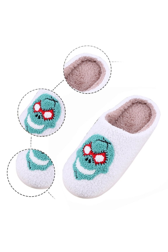 Halloween House Slippers for Women Fun Cute Skeleton Goth Cute Spooky Shoes Knit Memory Foam Non-Skid Fleece Lined Bedroom House Shoes Halloweens Gifts for Men