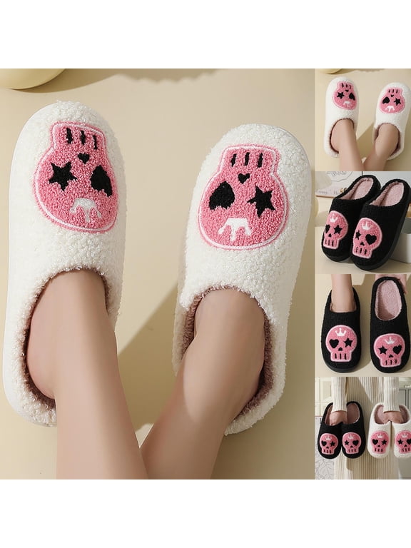 Halloween House Slippers for Women Skeleton Goth Cute Orthopedic on Gothic Shoes Knit Memory Foam Soft Plush Fuzzy Warm Lining House Shoes Indoor and Outdoor