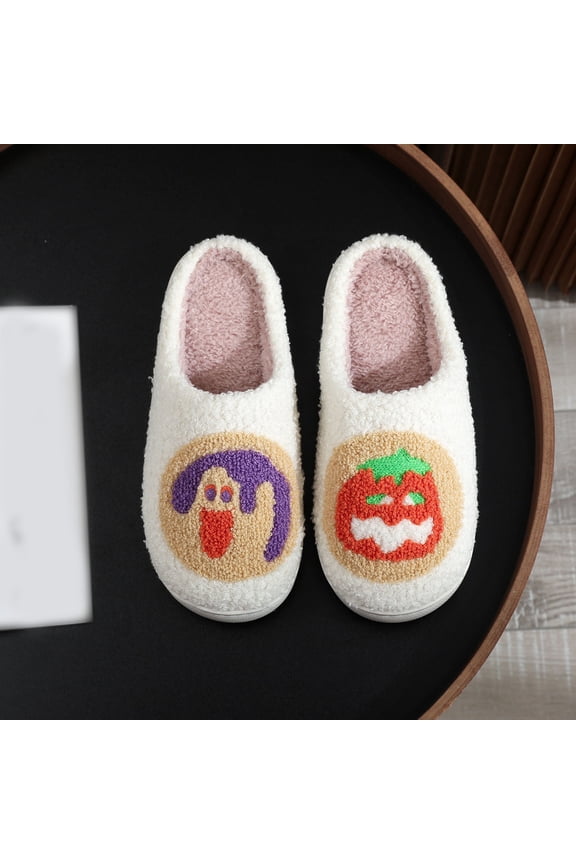 Halloween Indoor Slippers for Women Pumpkin Embroidered Non-Skid Winter Holiday Shoes Memory Foam Fuzzy Soft Arch Support Indoor Bedroom Shoes