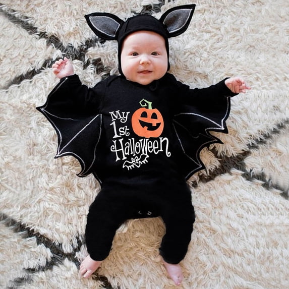 ibiyuan Halloween Newborn Bat Wing Onesie Mesh Bat Ear Hood Jack O Lantern Chest Graphic Stretch Knit Fabric Spooky Trick Or Treat Bodysuit