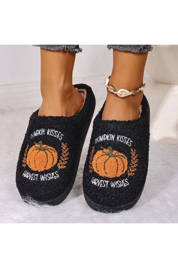 Halloween Slippers for Women Bow Pumpkin Embroidered Slip-On Shoes for Women Memory Foam Elastic Comfy Retro Warm Lining Indoor Outdoor House Shoes