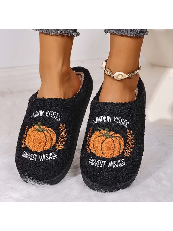 Halloween Slippers for Women Bow Pumpkin Embroidered Slip-On Shoes for Women Memory Foam Elastic Comfy Retro Warm Lining Indoor Outdoor House Shoes