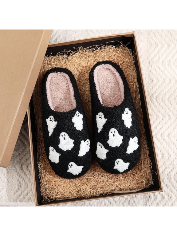 Halloween Slippers for Women Men Pumpkin Embroidered Anti-Skid Shoes for Women Knit Memory Foam Warm Cozy Plush Warm Lining Indoor House Shoes