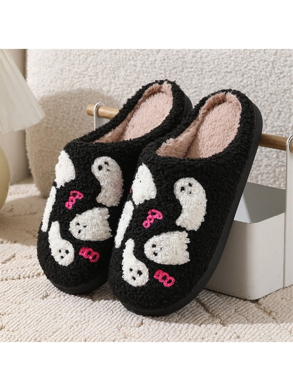 Halloween Slippers for Women Soft Plush Cozy Cute Ghost Pumpkin Gothic Shoes Memory Foam Non-Skid Lined House Shoes for Indoor Outdoor Halloweens Gifts for Women