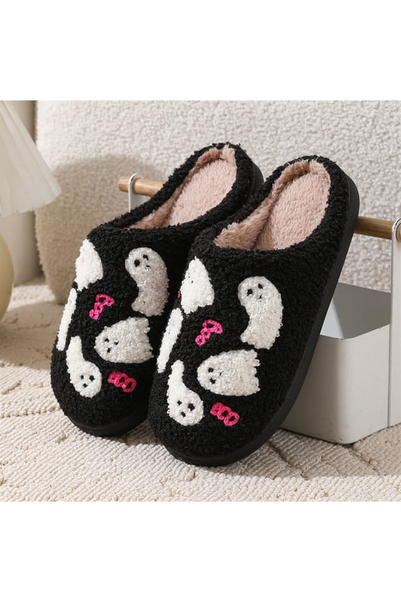 Halloween Slippers for Women Soft Plush Cozy Cute Ghost Pumpkin Gothic Shoes Memory Foam Non-Skid Fleece Lined House Shoes for Indoor Outdoor Halloweens Gifts for Women