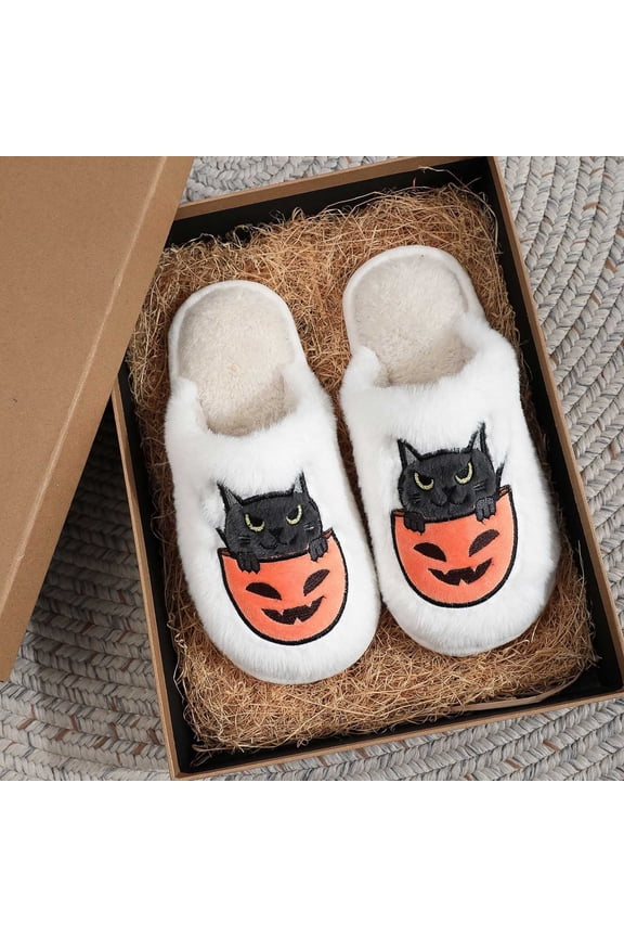 Halloween Slippers for Women Indoor Cute Cartoon Anti-Slip Sole Mens Shoes Memory Foam Soft Plush Cozy Warm Lining Halloweens Gifts for Him