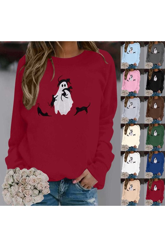 Halloween Sweatshirt for Women Crewneck Lightweight Sweaters for Women Plus Spooky Season Spooky Boo Ghost Graphic Sweater Pullover Fall Basic Tops Halloweens Clothes