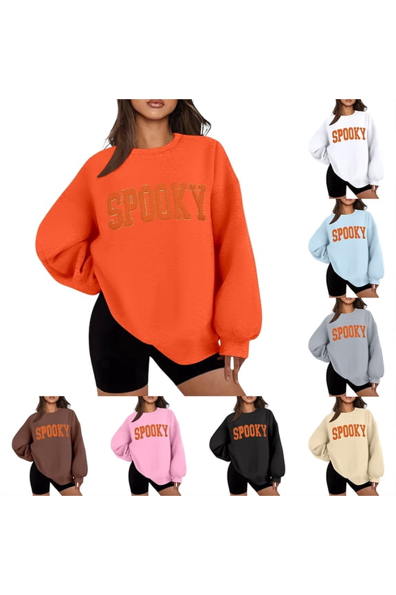 Halloween Sweatshirts for Women Crew Neck Oversized Sweaters for Women Plus Spooky Season Skeleton Goth Cute Cotton Sweater Sweater Fall Pullover Tops Halloweens Great Gift for Her